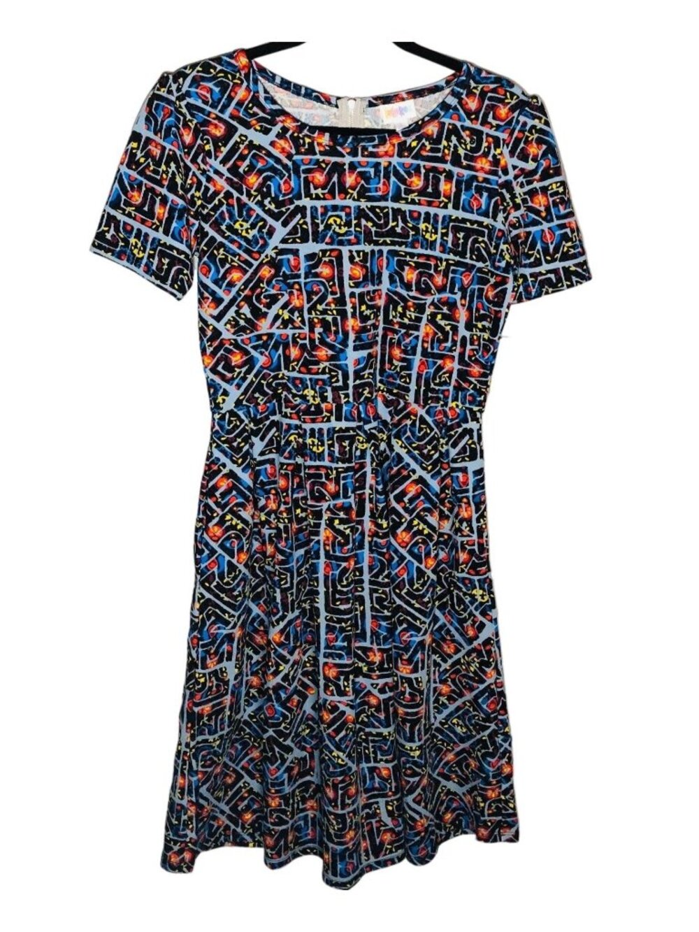 LulaRoe Amelia dress multi color short sleeve back zipper fit flare L READ NEW